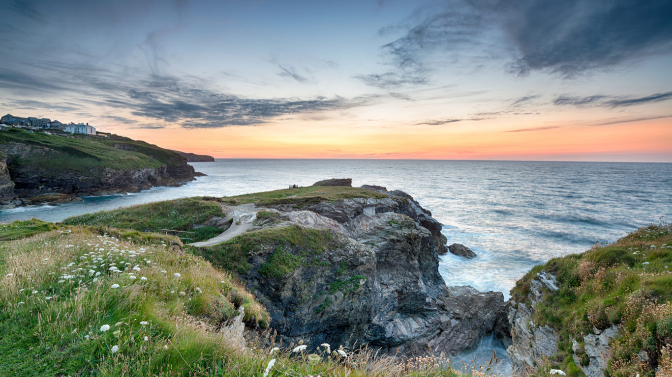 Dusk over the clifftops at Port Gaverne on the north Cornwall coast