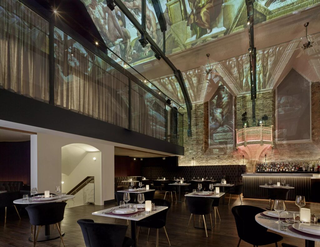 interior shot of the Chapel restaurant, table setting and interior design